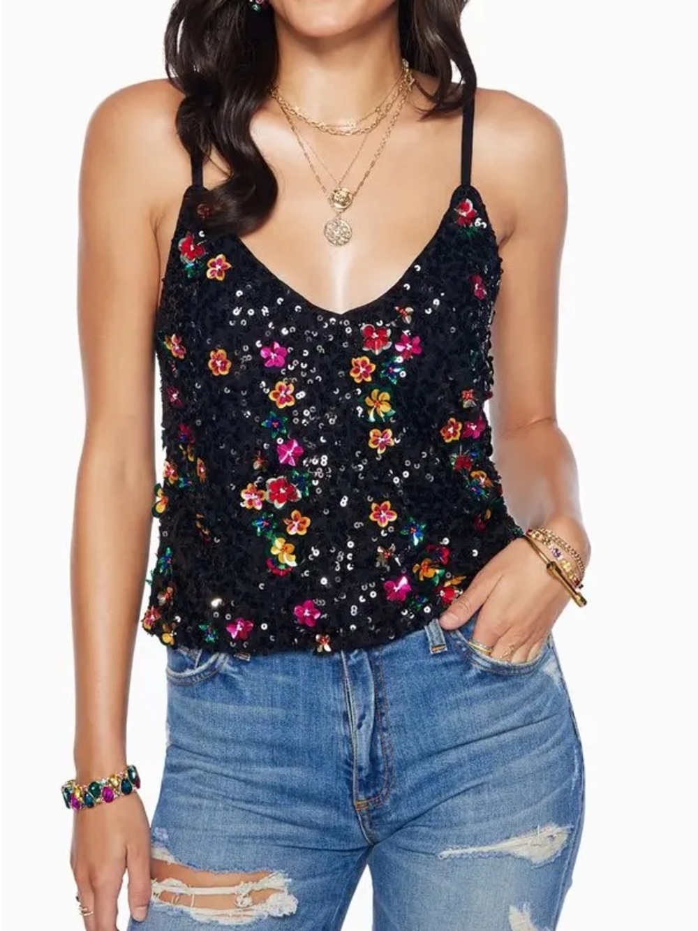 Ramy Brook Anita Floral Sequin Camisole Tank Top Black Combo